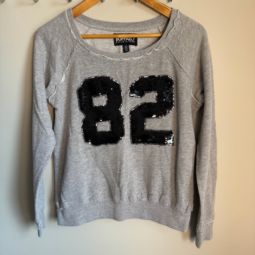 Buffalo David Bitton Womens 82 Sequin Long Sleeve Sweatshirt Gray Small Raw Seam